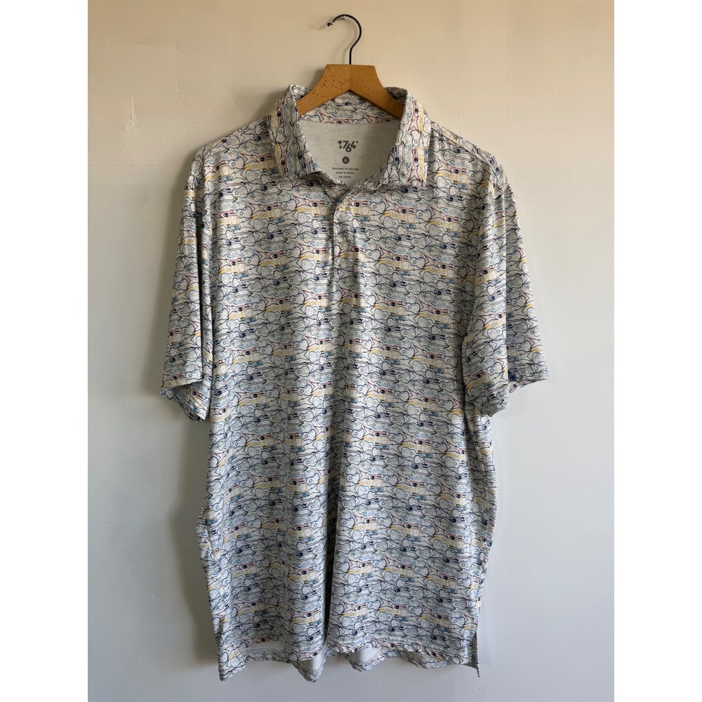 1764 Golf Mens XL Performance Polo Shirt White Guitar Print Short Sleeve Stretch - Picture 1 of 6